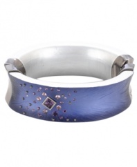 Colorfully chic. The perfect shade of purple stands out stylishly on Kenneth Cole New York's striking hinge bangle bracelet. With sparkling monochromatic crystal accents, it's crafted in hematite tone mixed metal. Approximate diameter: 2-1/2 inches x 2-3/4 inches.