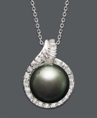 Indulge yourself in a taste of the exotic. An iridescent, cultured Tahitian pearl is enveloped by a halo of sparkling round-cut diamonds (1/2 ct. t.w.). Set in 14k white gold. Approximate length: 18 inches. Approximate drop: 1 inch.