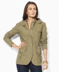 A lightweight cotton poplin construction and rustic utility details lend military-inspired style to Lauren by Ralph Lauren's rugged yet feminine fatigue jacket.