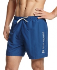 Thigh times.  A shorter fit gives these swim shorts from Hugo Boss a cool vintage look.