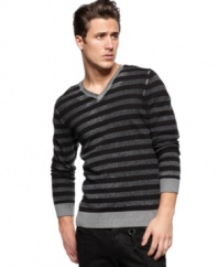 Your casual look gets a simple upgrade with this striped v-neck sweater from INC International Concepts.