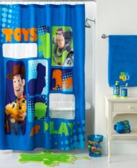 To bath time and beyond! This peek-a-boo shower curtain stars Buzz, Woody and silhouettes of your favorite Disney Toy Story characters. Featuring easy-care polyester microfiber with two clear vinyl cut-outs.