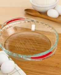 Serve up slices of scrumptious pie with the help of a silicone strip. This handsome pie plate is beautifully designed to present your pie on the kitchen table, while a pair of silicone strips on the bottom of each handle adds an element of grip-ability and slip-free safety. Two-year warranty.