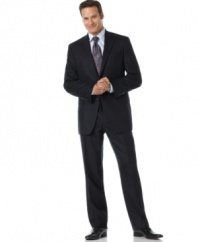 An impressive suit for the impressive man. Two-button jacket features notched lapel, two front flap pockets, two inside slit pockets and four button cuff detail. Pleated pant has back slit pockets, single back vent.