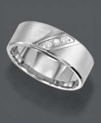 Stately design with just a hint of shine. Triton men's ring features a satin finish, white tungsten carbide band decorated with a three stone diamond design (1/10 ct. t.w.). Sizes 8-15.