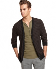 The perfect last layer. This striped cardigan from Sons of Intrigue breaks up a solid palette for cool contrast.