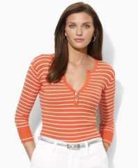 Sleek stripes and polished hardware lend a chic flourish to this Lauren by Ralph Lauren top, crafted in soft ribbed-knit cotton for essential warmth and comfort.
