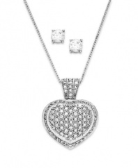 Polish your look with a sparkling jewelry set. This matching combo from Charter Club features a heart-shaped pendant encrusted with cubic zirconia accents and a pair of round-cut cubic zirconia studs. Crafted in silver tone mixed metal. Approximate length: 16 inches + 2-inch extender. Approximate drop: 1-1/2 inches. Approximate earring diameter: 1/4 inch.