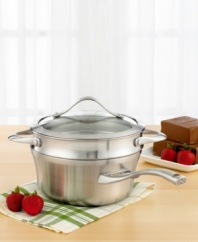With stunning style and versatility, this saucepan features a full aluminum core sandwiched between a stainless steel interior and exterior, providing superb conductivity and even heating. The double boiler insert uses the power of steam heat, perfect for melting chocolate and cheese or cooking delicate sauces. Lifetime warranty.