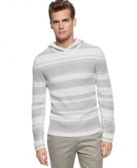 This striped hoodie from Calvin Klein is a versatile addition to you wardrobe.  Style up with a pair of khakis or down with jeans, you'll want to pair this with almost anything.