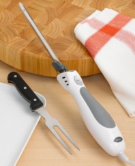 Harness the power to cut through the toughest meat with one easy stroke. This electric knife makes beautiful, even slices every time, using two interchangeable blades to make cutting, carving and slicing an absolute pleasure. Use one blade to glide through meat and another to slice through even the softest bread. Fork not included. One-year limited warranty. Model 2803.