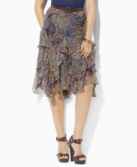 A bold paisley print lends earthy elegance to Lauren by Ralph Lauren's breezy skirt, crafted in airy crinkled silk georgette with a romantic froth of ruffles for a flirty, feminine silhouette.