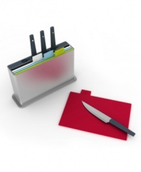 File away confusion in the kitchen! Four color-coded cutting boards, each for a different type of food, prevent cross contamination of foods and work in perfect harmony with coordinating knives that keep order in the kitchen. 3-year warranty.