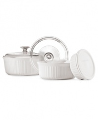 Cook in classic form! This must-have set is made of durable Corningware stoneware is designed for use virtually anywhere, letting you bake, serve and store in the same dish. The classic, fluted design creates an elegant presentation for any meal, complementing cuisine to delicious perfection. One-year warranty.