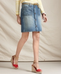 Gently faded denim in a slim A-line silhouette makes this Tommy Hilfiger skirt a warm-weather classic!