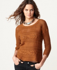Mixed open-stitch and cable knits add deconstructed edge to this Kensie sweater for a look that's anything but ordinary!