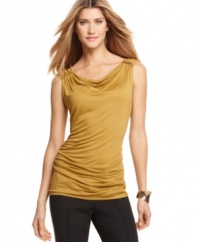 A cowl neckline and allover ruching adds a soft drape to this T Tahari top -- a versatile wardrobe piece!