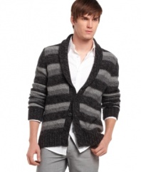 Stripes will step up your swagger in this shawl neck cardigan from Kenneth Cole.
