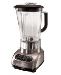 With sleek lines and smooth operation, this blender is always in the mix. Classically styled with a gleaming die-cast metal base, this blender uses a patented stainless steel blade to spin soups, smoothies and more to perfect consistency. One-year total replacement warranty. Model KSB580.