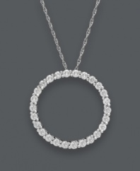 Classically cool and completely chic. This stunning pendant creates a timeless look with it's contemporary open-cut circle design. Crafted in 14k white gold with a seamless row of sparkling, round-cut diamonds (1/4 ct. t.w.). Approximate length: 18 inches. Approximate drop: 3/4 inches.