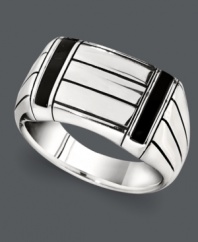 Modern style for the sophisticated man. This sleek, men's ring features a smooth sterling silver setting with rectangular-shaped onyx accents. Size 8-12.