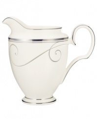 Fluid platinum scrolls glide freely throughout this beautiful fine china creamer from Noritake. Easy to match with any decor, the fresh and elegant Platinum Wave collection of dinnerware and dishes is a timeless look for fine dining or luxurious everyday meals. Holds 10 oz.
