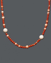 Add a hint of citrus to your neckline for instant summer style. This long necklace features multicolored pearls, and vivid coral beads set in 14k gold. Approximate length: 36 inches.