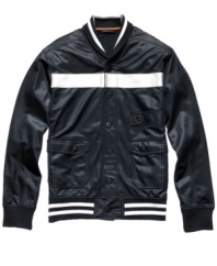 Just-right stripes. Set your style straight with this sleek baseball jacket from Sean John.