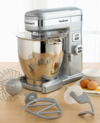 Take charge of your baking and start mixing bigger batches with professional power and an assortment of helpful attachments to handle any task. A die-cast metal body is built for durability while the polished stainless steel bowl has the capacity for even the biggest baking jobs. Three-year limited product warranty. Five-year motor warranty.