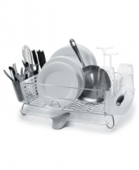 Put every dish in its place with this stainless steel drying rack from OXO. With plenty of room for all of your dishes, and a flexible drain spout that directs water directly into the sink, you'll find kitchen cleanup easier than ever. When the dishes are put away, just fold up the side walls for easy storage anywhere. Limited lifetime warranty.