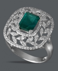 Extraordinarily exquisite. Effy Collection combines a pretty diamond (1/2 ct.t.w.) leaf pattern with a brilliant emerald center stone (1-3/8 c.t. t.w.). Set in 14k white gold. Emerald-cut emerald from Brazil.