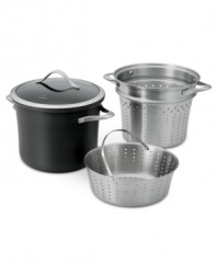 From pasta to veggies to slow-simmered stews, the Calphalon Contemporary nonstick multi-pot delivers versatility in the kitchen. Made of hard-anodized aluminum, the main stock pot is perfect for use on its own, but does even more when paired with one of the stainless steel inserts. Lifetime warranty.