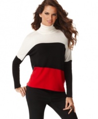 Colorblocking takes INC's turtleneck sweater to a whole new level! A touch of cashmere adds extra softness, too.
