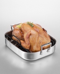 Great kitchens start with All-Clad cookware. This rectangular roaster is made of heavy-gauge solid stainless steel for easy cleaning, and it won't react with foods. The aluminum core distributes heat evenly. Solid cast stainless steel handles. Comes with a nonstick roasting rack. Measures 14. Lifetime warranty.