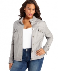 Feminine frills lend elegant charm to INC's button front plus size jacket-- it's a perfect layering piece for spring!