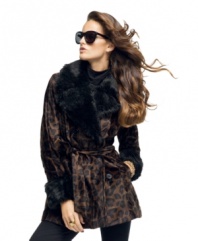 A trench coat shape with a wholly glamorous look: INC's faux fur-trimmed animal-printed coat is the season's most-wanted piece!