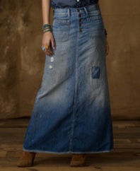 Inspired by your favorite pair of well-worn jeans, this Denim & Supply Ralph Lauren long denim skirt is patched, faded and frayed for an authentic, worn-in look that captures the spirit of downtown bohemian style.