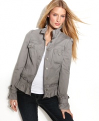 Ruffles add delicate detail to a classic cotton jacket from INC!