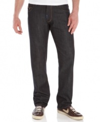 Add this pair of dark blue denim jeans from LRG to your casual attire for sleek style.