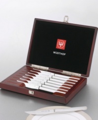 This presentation steak knife set makes a wonderful gift for first-time homeowners. Made of 18/10 stainless steel, the set includes eight serrated steak knives and a handsome wood presentation box.