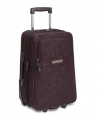 Put your signature on travel! An elegant design showcases a classic pirouette pattern that opens to reveal a coordinating amethyst lining, which features two separate packing areas, an expandable lid and attractive ruffle accenting. Your wardrobe takes front seat in this fully-stocked case with padded garment straps for wrinkle-free travel, a slipper satchel for keeping tabs on shoes and two hideaway zip compartments for small accessories.