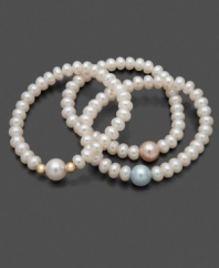 The perfect pearls for tiny wrists. This three stand pearl bracelet set for children features cultured freshwater pearls (5-6 mm), and multicolored accent pearls (7-8 mm). Set in 14k gold. Bracelets stretch to fit the wrist. Approximate length: 5 inches.