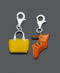 Embrace your inner shopaholic! Flirty charm set features an orange sandal and a yellow handbag. Charms crafted in sterling silver with lobster claw clasp. Approximate drop: 3/4 inch.