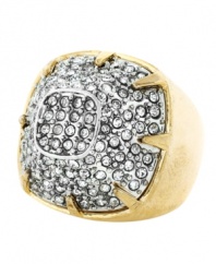 A chic combination. Rich rose gold tone and silver tone mixed metal join together on this trendy cocktail ring from Vince Camuto. Featuring a stylish pronged setting, it's embellished with sparkling pave crystals. Size 7.