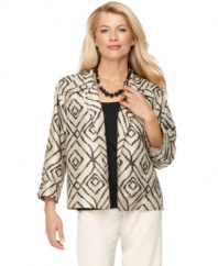 A super-chic jacket with a graphic geometric print makes for a striking topper from J Jones New York. Pair it with a statement necklace and crisp pants for easy style.