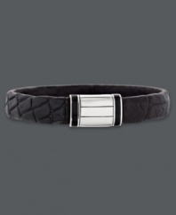 Sophisticated style for the modern man. This chic cuff bracelet features a genuine crocodile skin band accented by bold onyx and polished sterling silver. Approximate length: 8-1/2 inches. Approximate width: 3/8 inch.
