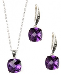 The royal treatment. A majestic purple hue makes Judith Jack's amethyst (5-1/3 ct. t.w.) and marcasite earrings and pendant necklace set fit for a queen. Set in sterling silver. Approximate length (necklace): 16 inches. Approximate drop (pendant): 3/4 inch. Approximate drop (earrings): 1-1/4 inches.
