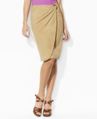 An elegant blend of urban-chic style and rustic heritage, Lauren by Ralph Lauren's skirt is crafted from soft, sumptuous Italian goat suede in a modern faux-wrap silhouette.