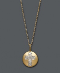 A bold, new way to express your faith. This unique pendant features a circular disc that highlights round-cut diamonds (1/10 ct. t.w.) in the shape of a cross. Pendant and chain crafted in 14k gold. Approximate length: 18 inches. Approximate drop: 1/2 inch.