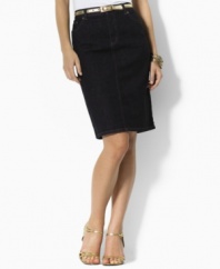 A classic pencil skirt silhouette crafted from sleek stretch denim for ultra-contemporary style.